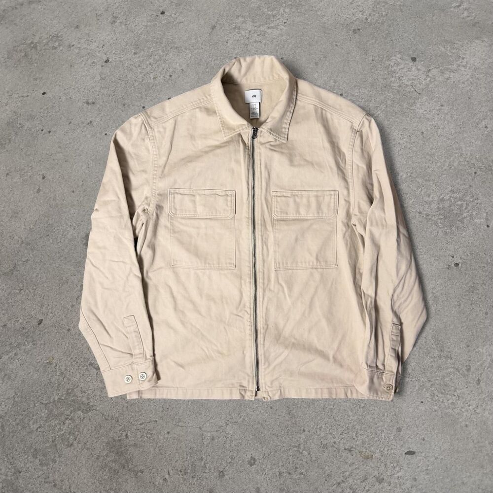 H&M Tan & Cream Zip Up Jacket Double Pocket Mens Size Medium